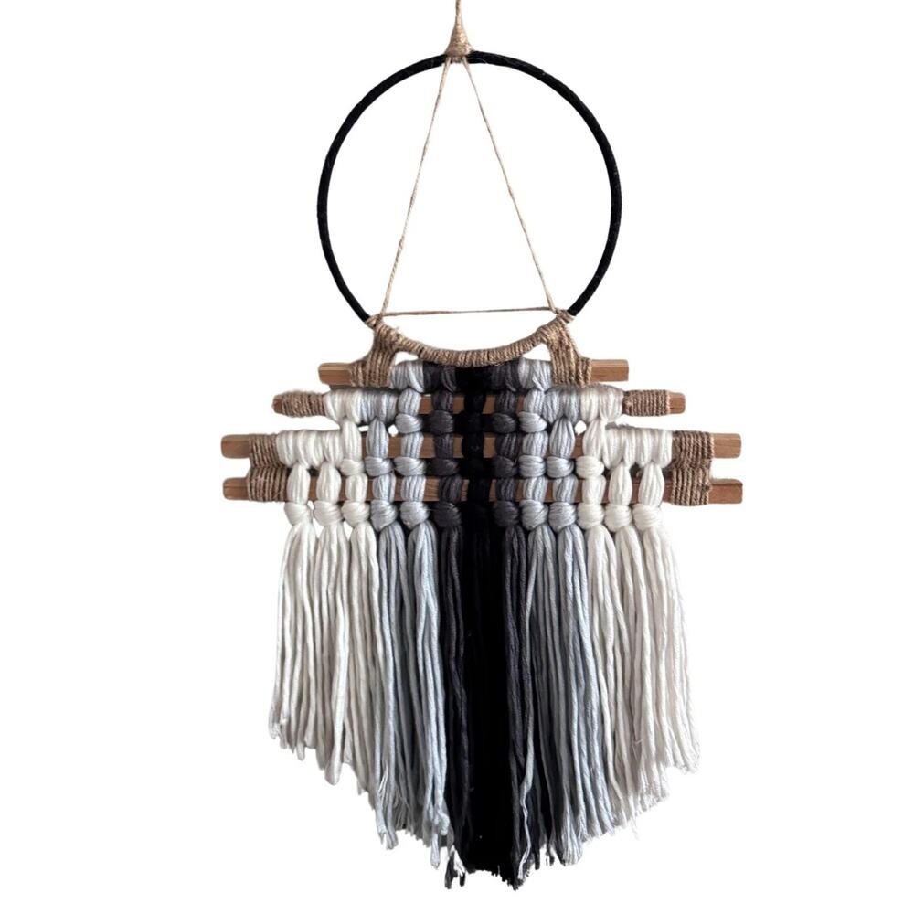 Handmade Macramé Wall Hanging – Neutral Boho Decor in Black, Gray & White